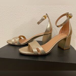 Sandal, Cole Haan, Size 9.5 M, Soft Gold, upper leather, 2.5-inch block heel.